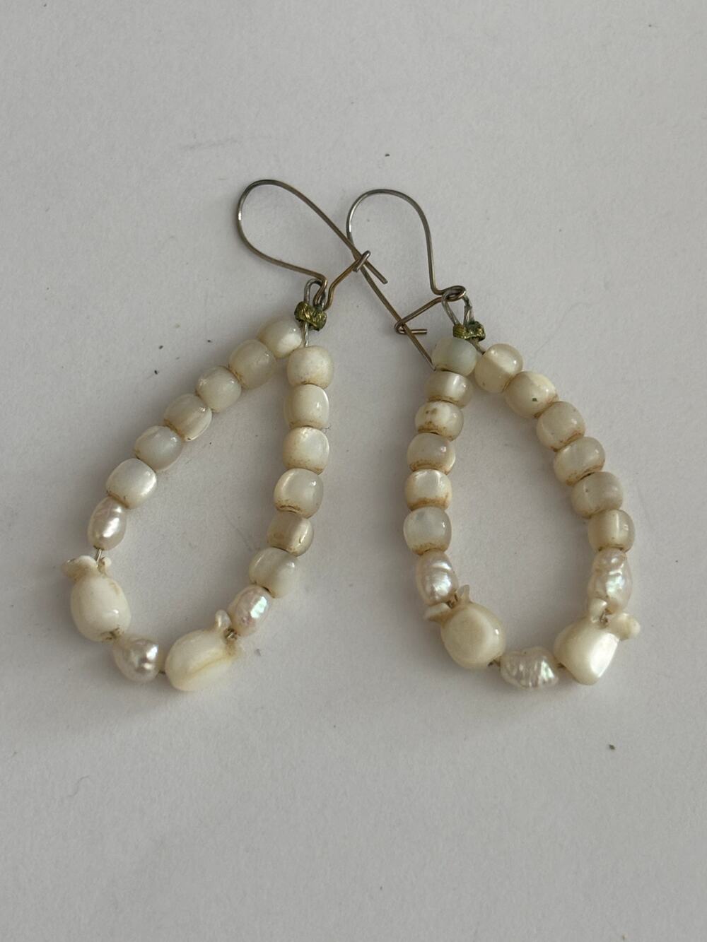 Vintage Beaded Dangle Earrings Freshwater Pearls & Carved Mother of Pearl